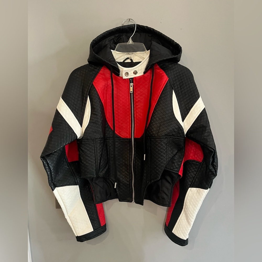 AKIRA Black Red and White Quilted Hooded Moto Jacket